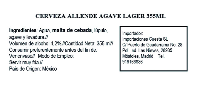 Allende Agave Lager Beer. 