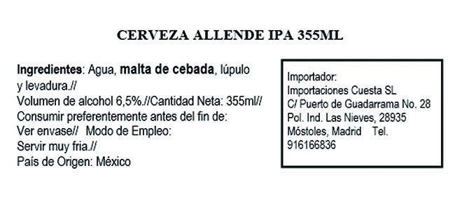 Allende Indian Pale Ale Beer (IPA) 