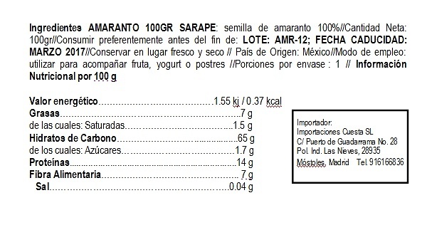 Amaranth gluten free, 100gr brand El Sarape 
