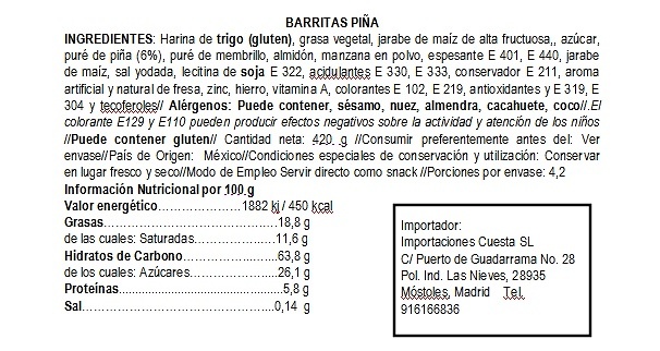 Barritas Marinela, filled with pineapple jam 