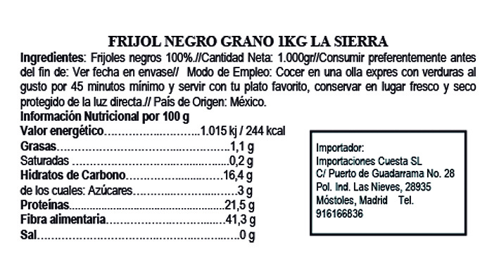 Black mexican bean in grain La Sierra 1kg 