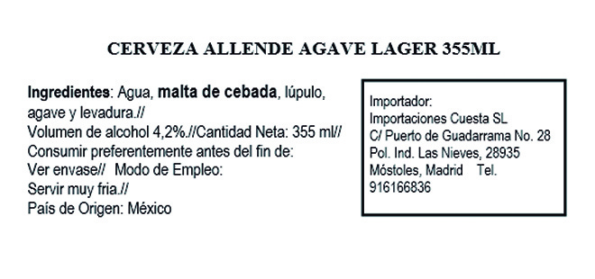 Cerveza Allende Agave Lager. 
