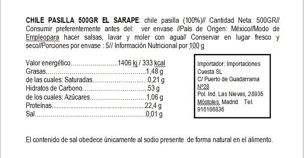 Chile Pasilla seco El Sarape 