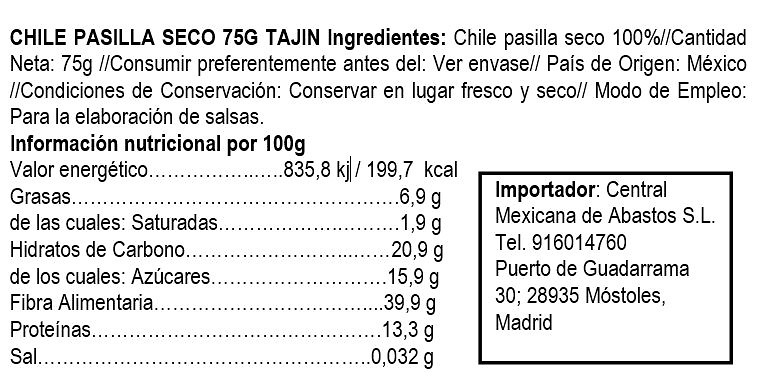 Chile Seco Pasilla 75gr Tajin 