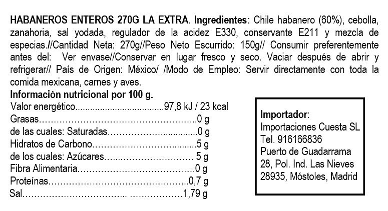 Chiles habaneros enteros La Extra 270gr 