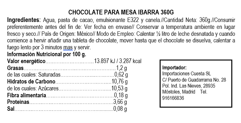 Chocolate de mesa Ibarra 