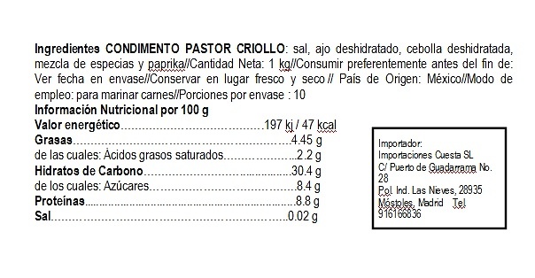 Condimento para tacos al Pastor 1kg 