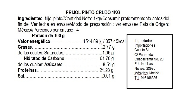 Frijol Pinto Crudo, contenido neto 1kg 