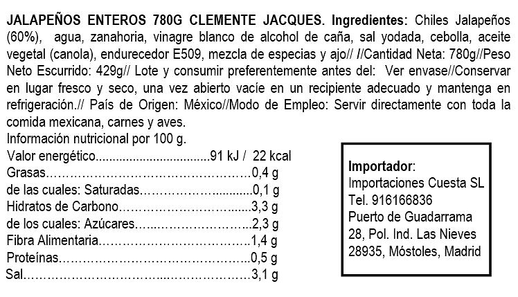 Jalapeños Enteros en escabeche Clemente Jacques 