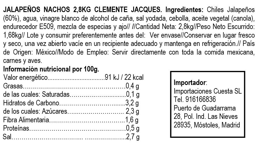 Jalapeños para nachos (en rodajas) Clemente Jacques 