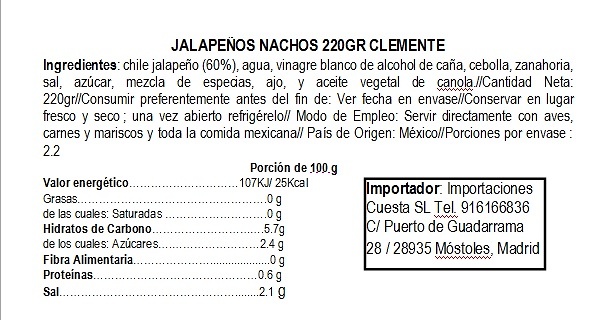 Jalapeños para nachos (en rodajas) Clemente Jacques 