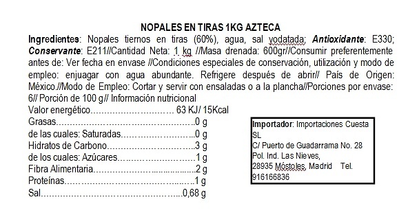 Nopales (cactus) in strips in a solution of salt and water (natural) 1kg 
