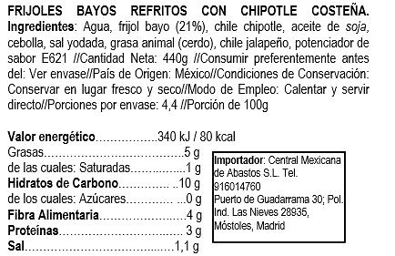Refried bayos mexican beans with chipotle La Costeña. 430gr 
