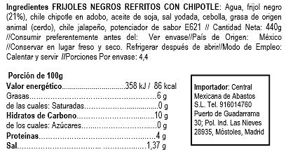 Refried black mexican beans with chipotle La Costeña 440gr 