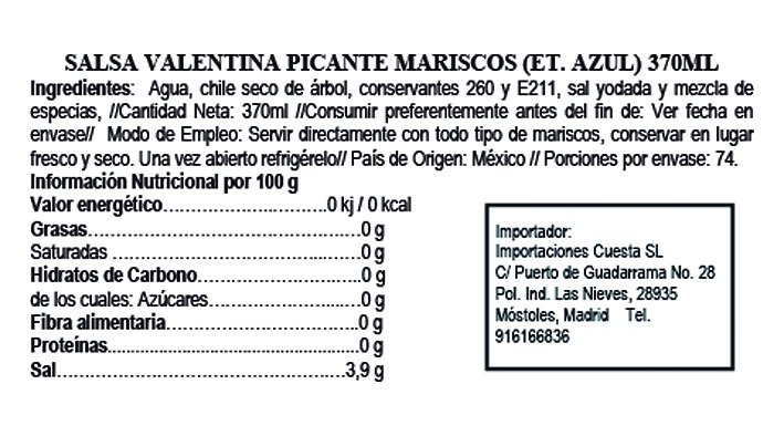 Salsa Valentina para mariscos (etiqueta azul) 