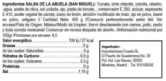 Salsa de chile chipotle de la Abuela marca San Miguel 