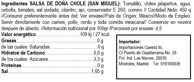 Salsa de chiles Jalapeños de Doña Chole marca San Miguel 