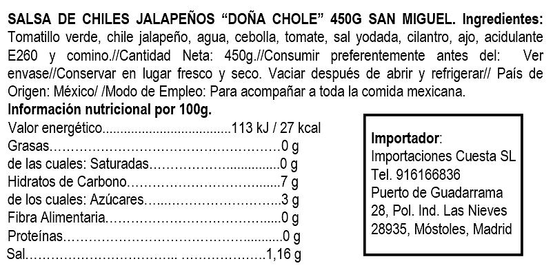 Salsa de chiles Jalapeños de Doña Chole marca San Miguel 