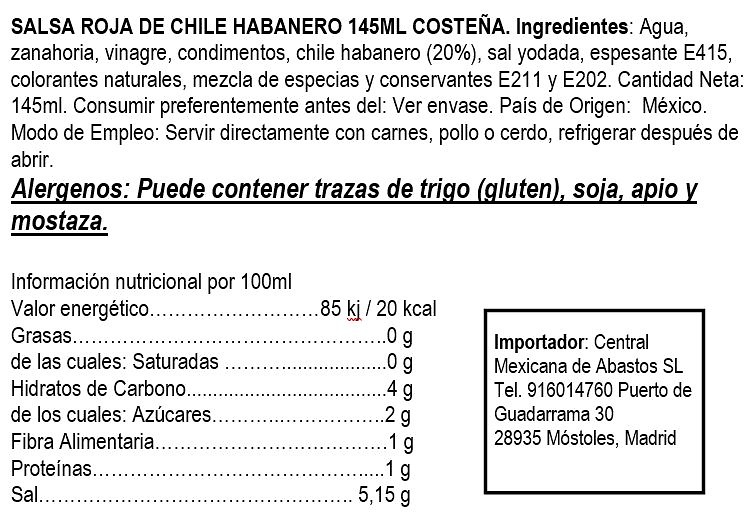Salsa roja de chile habanero La Costeña 