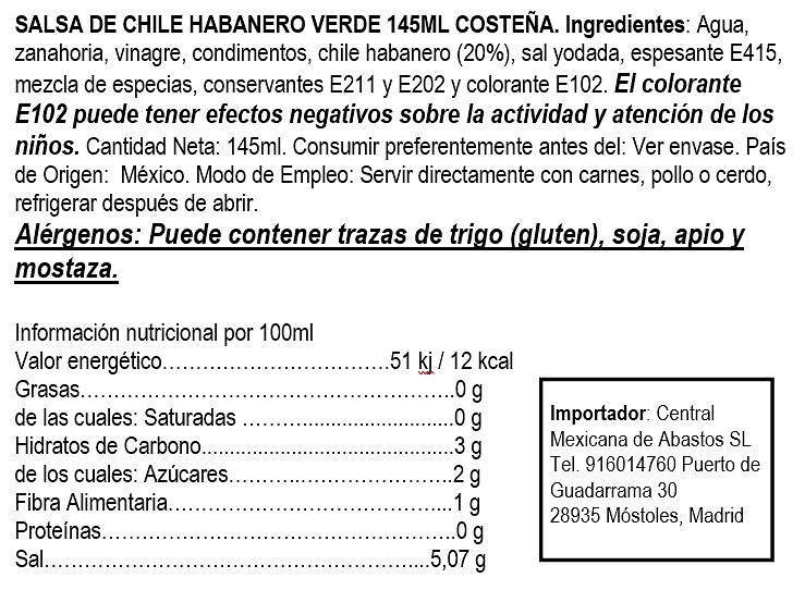 Salsa verde de chile habanero La Costeña 