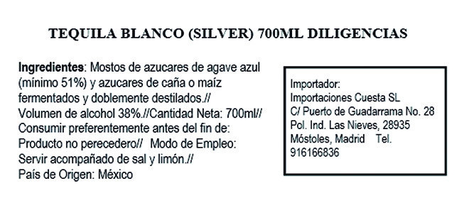 Tequila blanco Silver Diligencias 