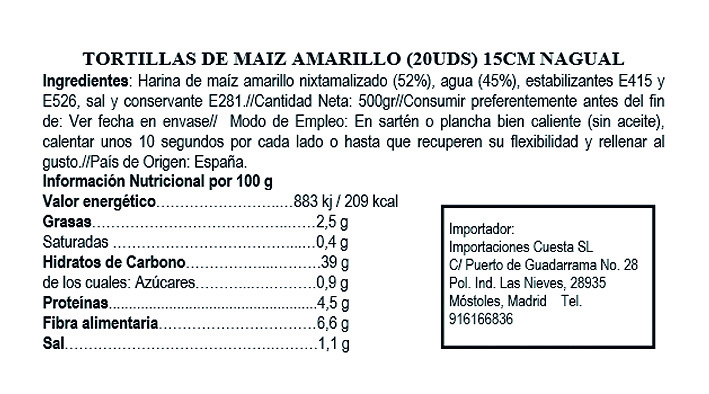 Tortilla de maíz amarillo 15 cm, Nagual 