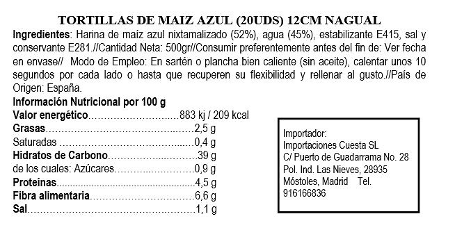 Tortilla de maíz azul 12 cm Nagual 