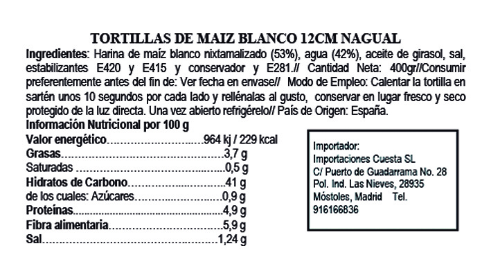 Tortilla de maíz blanco 12cm Nagual 