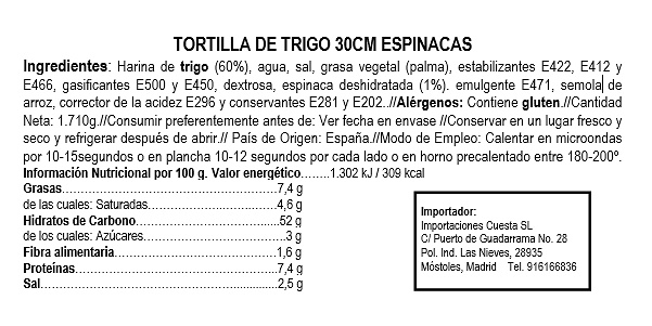 Tortilla de trigo con Espinacas 30 cm (18 uds) 