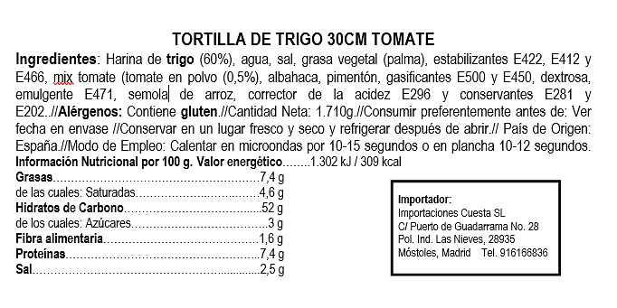 Tortilla de trigo con Tomate 30 cm (18 uds) 