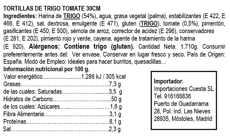 Tortilla de trigo con Tomate 30 cm (18 uds) 