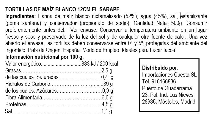Tortillas de maiz blanco 12cm El Sarape 