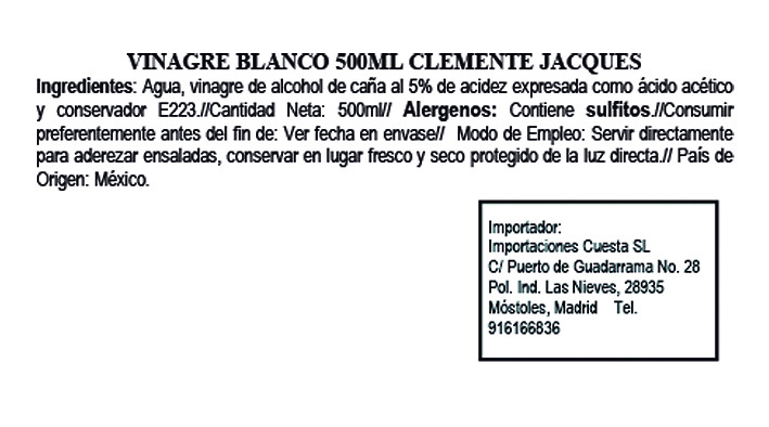 Vinagre blanco de caña, Clemente Jacques 500ml 