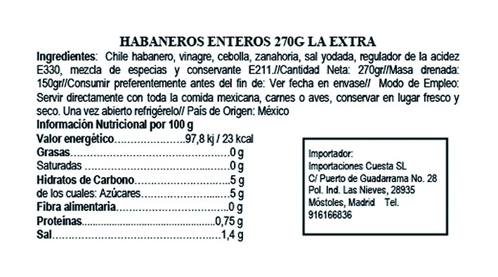 Whole habaneros chillies La Extra 270gr 